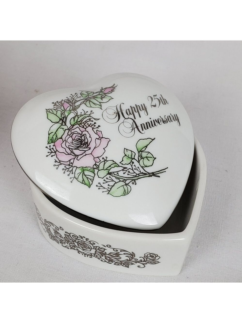 Vtg 25th Anniversary ceramic heart trinket jewelry box 1983 Enesco Japan
